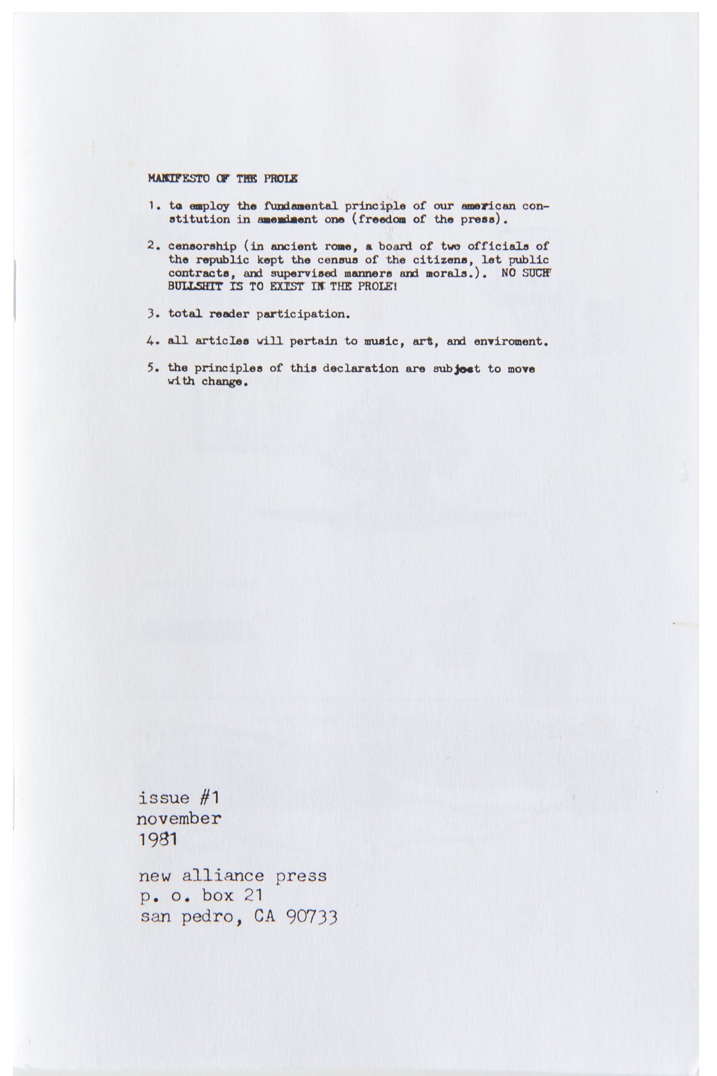 MANIFESTO OF THE PROLE | Issue #1 | Reprint